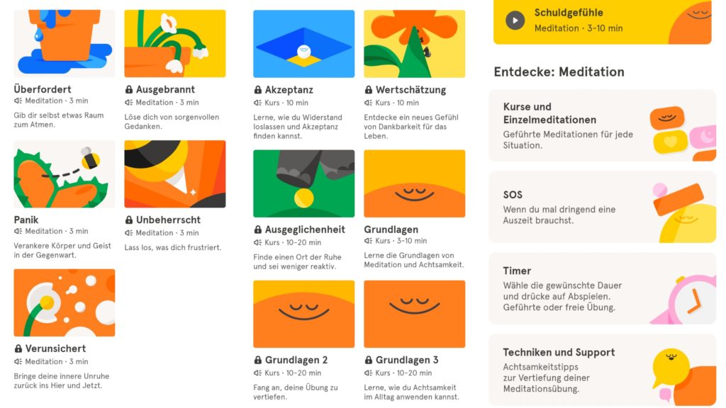 Beispiele Auswahlmöglichkeiten der App Headspace Rubrik Meditieren