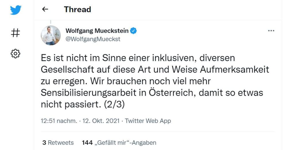 Tweet Wolfgang Mückstein, Statement Billa Werbekampagne; Quelle: Screenshot Twitter Account WolfgangMueckst