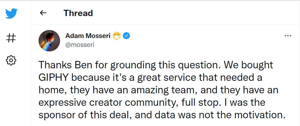 Screenshot Twitter Account Adam Mosseri: Statement zum Kauf von Giphy