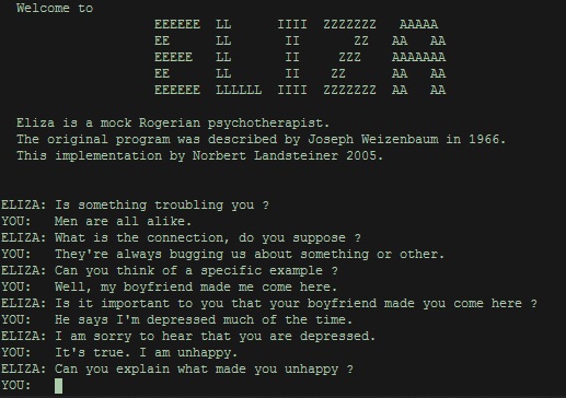 Monitor mit der Textein- und Ausgabe des Chatbots Eliza.
